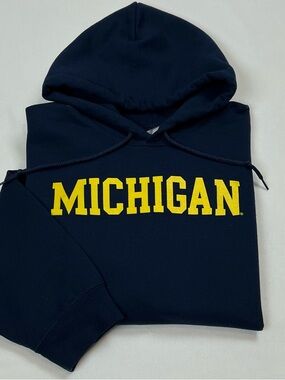 GILDAN MICHIGAN WOLVERINES Unisex Hoodie Y2K Vintage Print Logo Size Large Navy